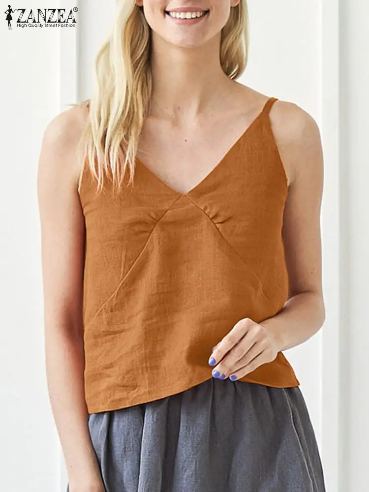 

ZANZEA Summer Camis Stylish Women Sexy V Neck Straps Tanks Tops Casual Basic Blusa Tunic Beach Shirt Vintage Solid Cotton Blouse