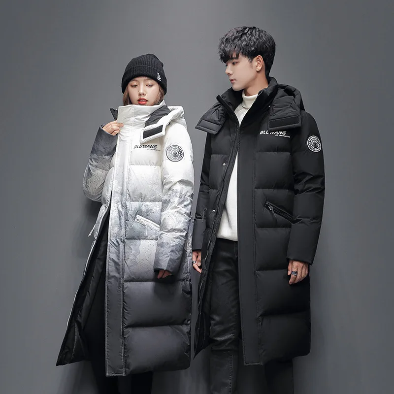 Women Men Winter Coat Windproof Thicken Over Knee Zip Button Lovers Quilted Parkas Hooded Padded Maxi Long Puffer Down Jacket