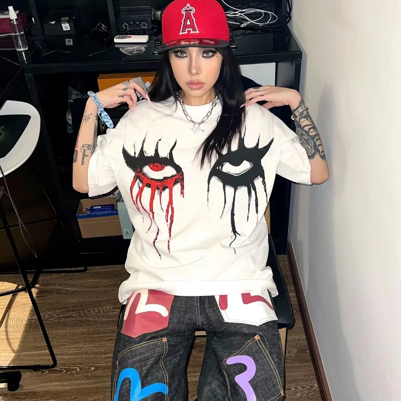 

Harajuku Goth Retro 100% cotton oversized T-shirt cotton eye print European and American loose short sleeve T-shirt street shirt