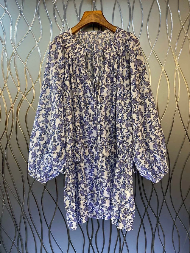 

2023 new women's fashion long-sleeved V-neck floral straight loose casual dress 0430