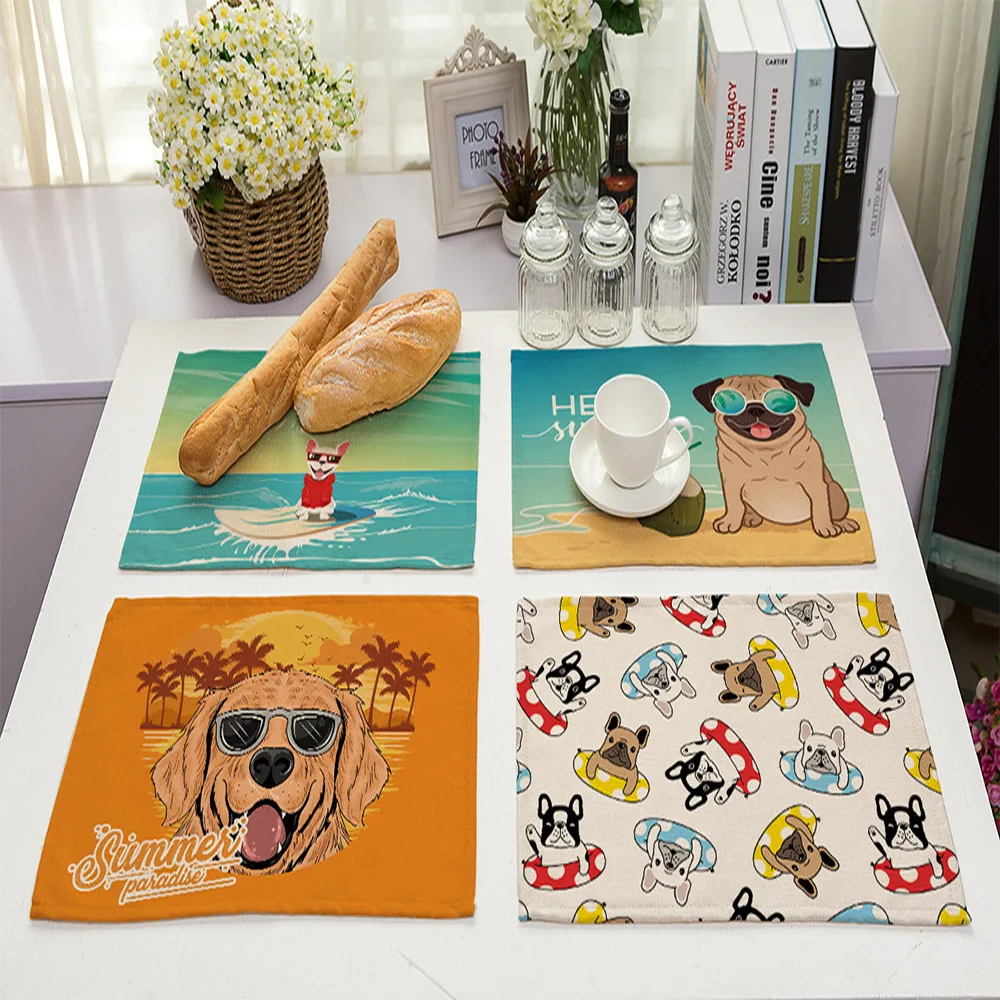 

Cute Pet Dog Cotton Linen Cloth Art Kitchen Accessories Living Room Study Bedroom Decoration Insulated Cup Tablecloth Placemat