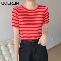 qoerlin striped short sleeve t shirts women summer o neck short cropped tops korean fashion trends pure cotton knitted shirts
