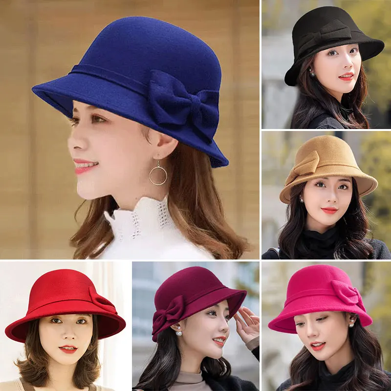 

Women's Hat Bow-knot Woolen Felt Fedoras Korean Fashion Ladies Vintage Elegant Hat Warm Autumn Spring Panama Hat for Ladies