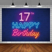 Photography Backdrop Glow Neon Banner Decor Black Brick Wall Happy 17 Years Old 17th Birthday Party Background For Boys Girls