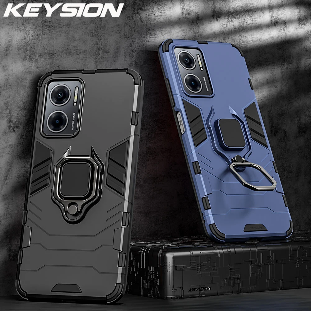 

KEYSION Shockproof Armor Case for Redmi 11 Prime 5G Silicone + PC Ring Stand Phone Back Cover for Xiaomi Redmi 10 Note 11E Pro