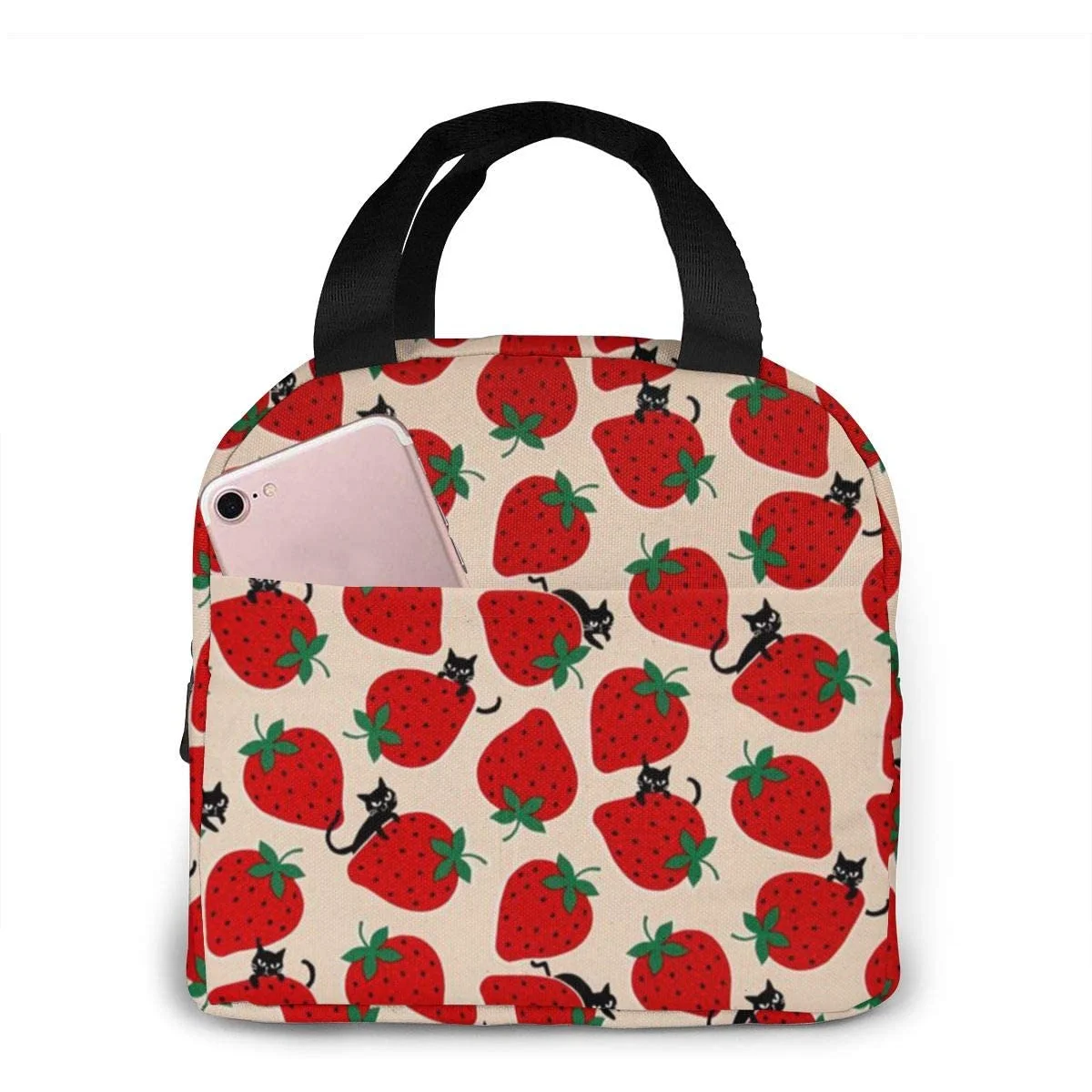 

Black Cat On Red Strawberry Lunch Bag For Women Girls Kids Insulated Picnic Pouch Thermal Bento Prep Cute Bag Lunch Box Camping