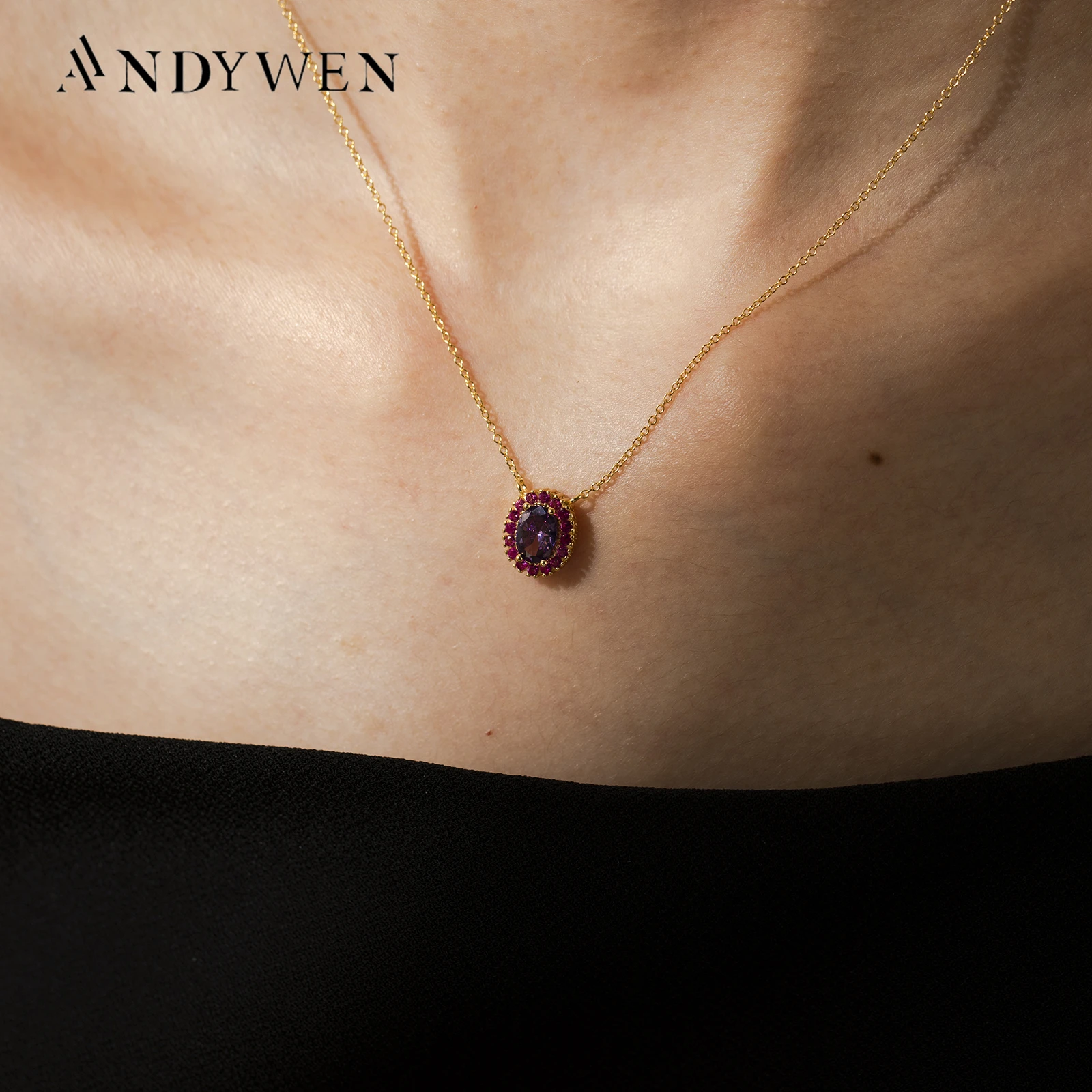 

ANDYWEN 925 Sterling Silver Gold Rose Red Zircon CZ Pendant Long Chain Necklace Choker Luxury Jewelry 2021 Wedding Jewels