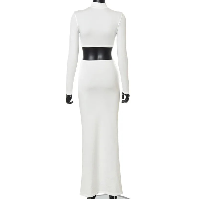 Elegant White Long Sleeve 2 Piece Set Outfits for Women Club Party Top and Dress Sets Long Ruched Matching Sets