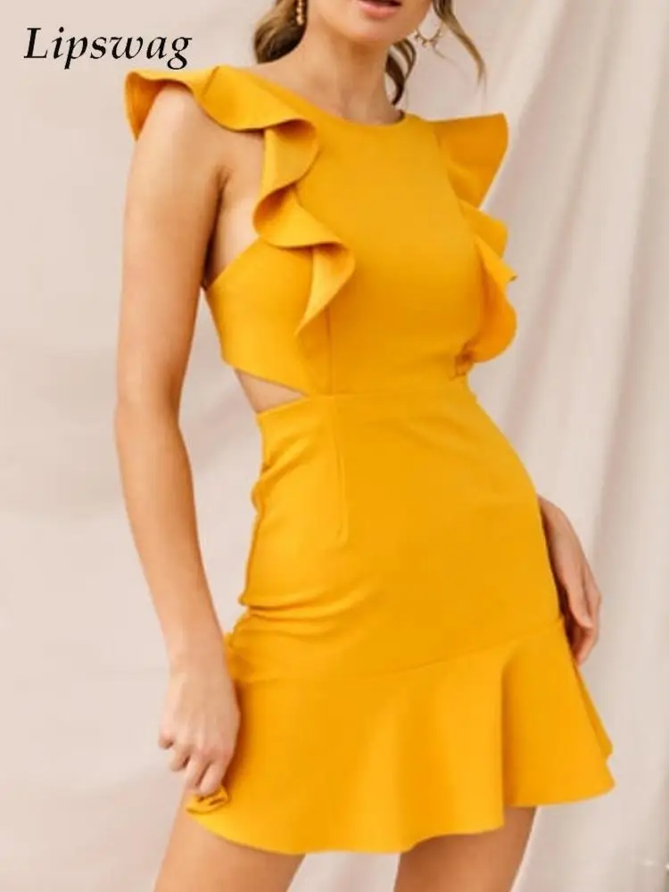 

Elegant Office Design Sense Hollow Mini Dress Summer O Neck Sleeveless Ruffle Slim Dress Fashion Solid Backless Hip Wrap Dresses