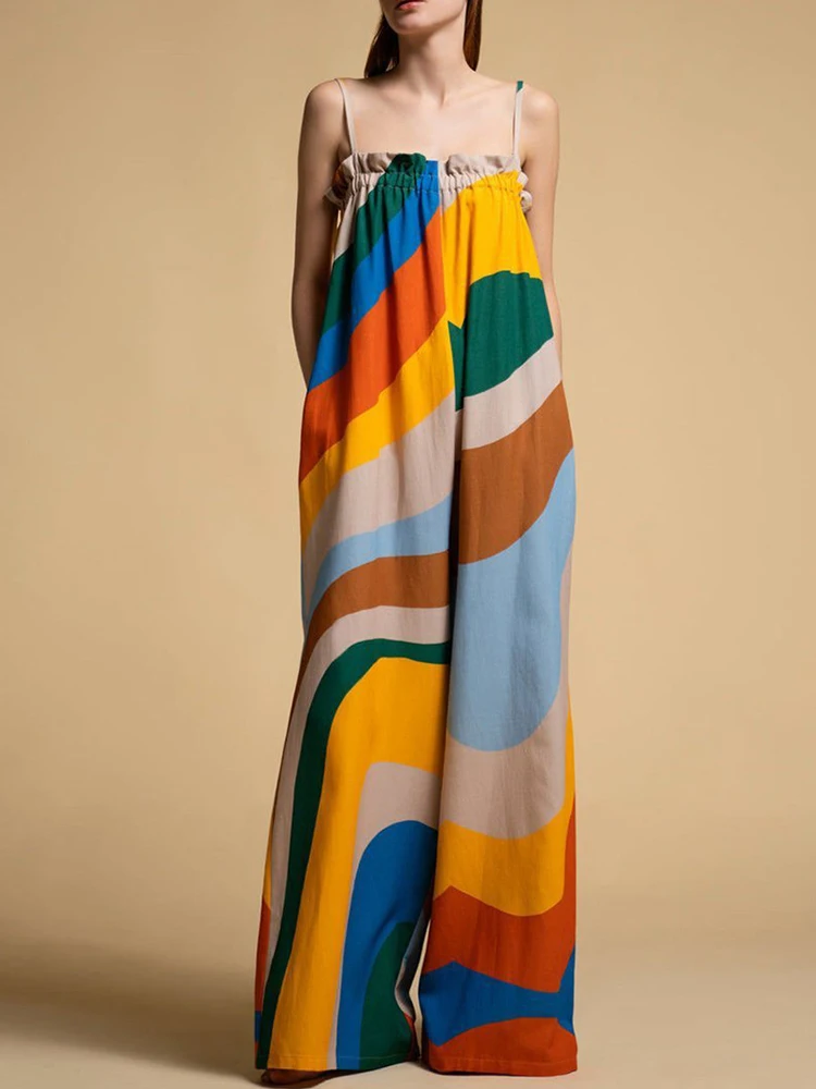 

Women Retro Print Jumpsuit Lady Sexy Summer Sling Sleeveless Backless Off-the-shoulder Jumpsuit Fashion Loose Straight Jumpsuit