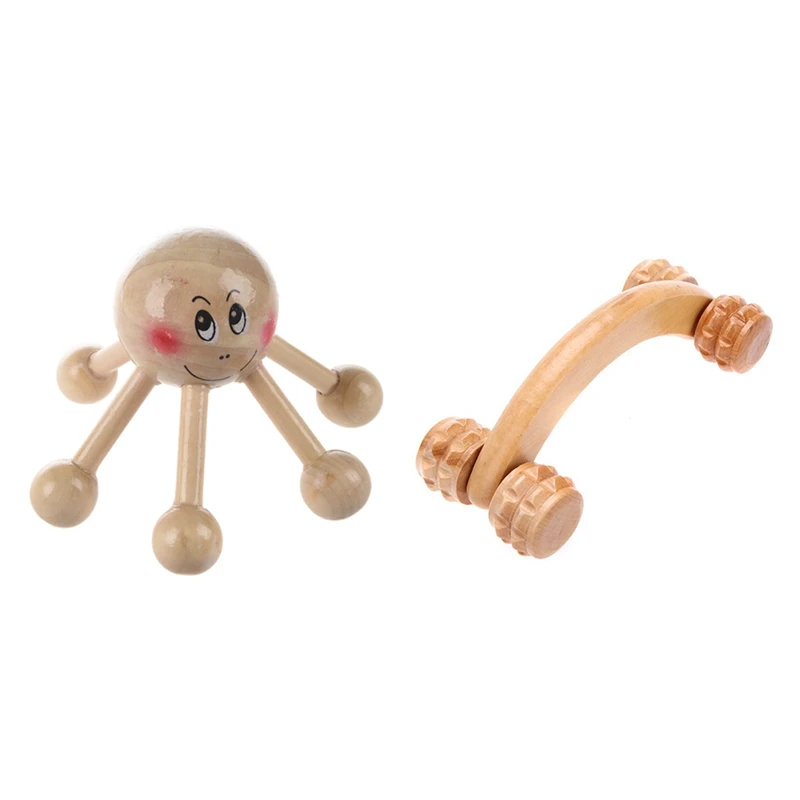 

1 Pcs 6 Points Tension Relief Wood Head Scalp Massage & 1 Pcs Handheld Wooden 4 Wheels Rollers Massager Body Arm Back