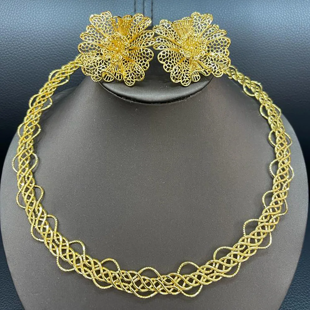 

Brazilian Jewelry Set Women Fashion Choker Necklace and Hoop Earrings Bohemia Dubai Gold Color Jewelry Set for Bridal Gifts