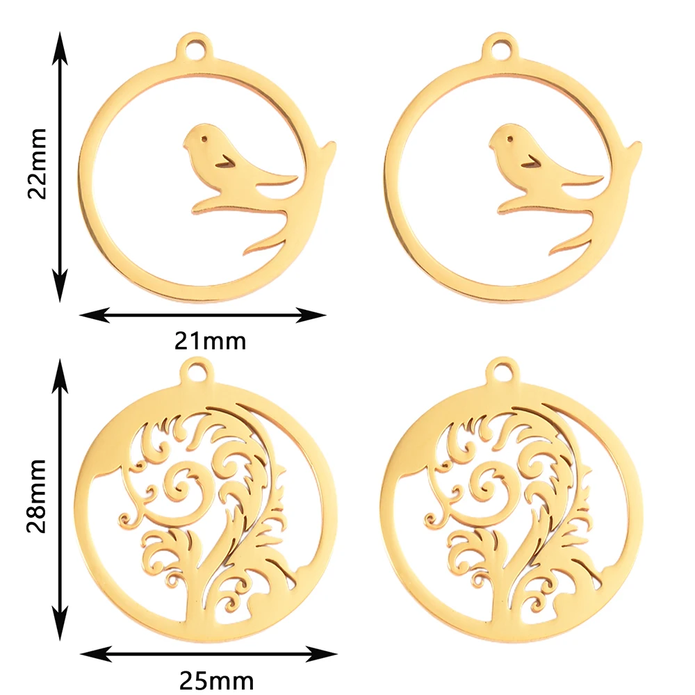 5pcs Round Craft Hollow Flower Bird Pendants Stainless Steel for DIY Vintage Earrings Necklace Charm Jewelry Making Accessories