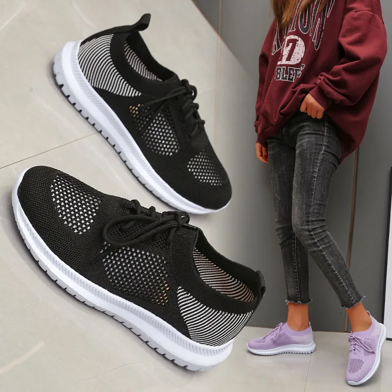 2022 Women Mesh Lace-up Sneakers Female Summer Vulcanized Mesh Breathable Sport Shoes Ladies New Flats Footwear Plus Size 43