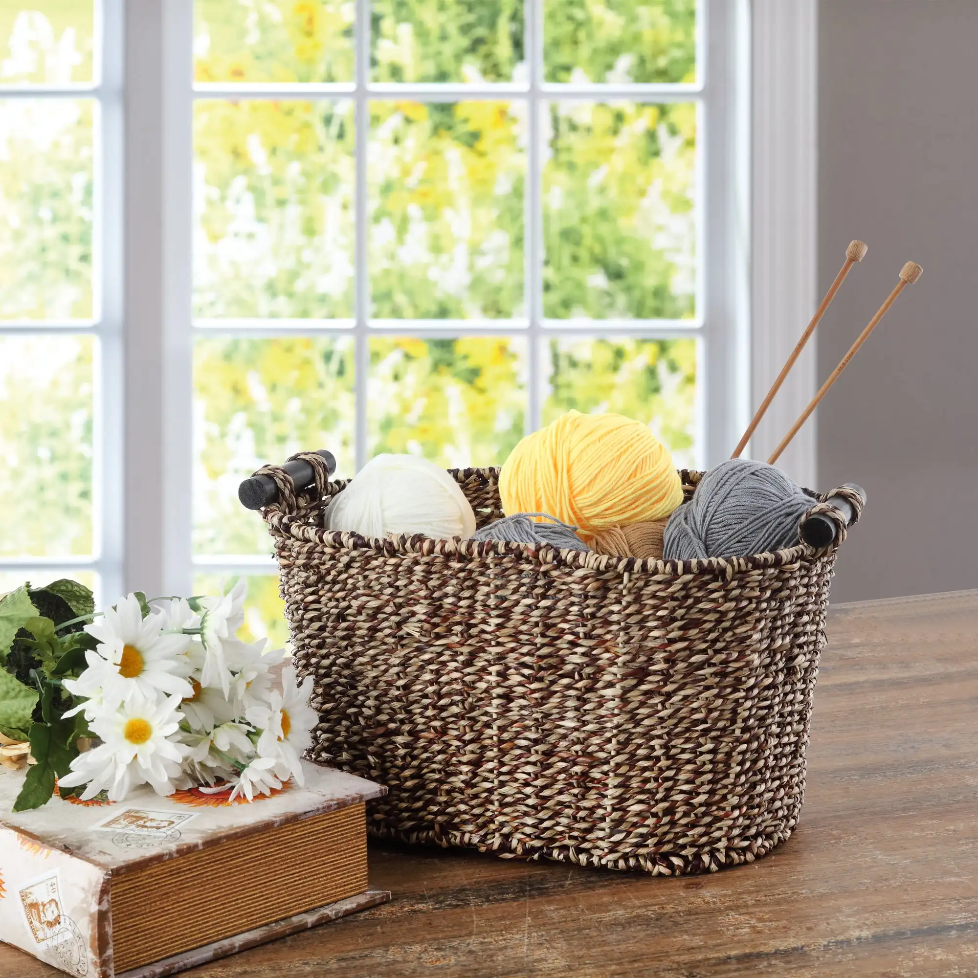 

Brown Oval 2-Hue Seagrass Storage Basket with Wooden Handles， storage baskets