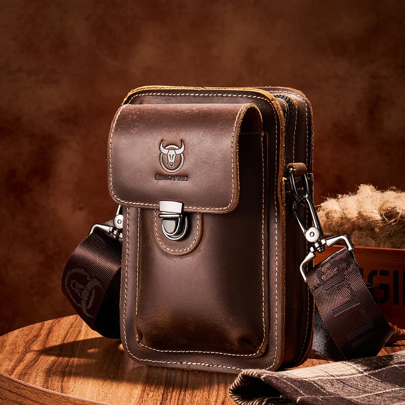 

Genuine Leather Men's Shoulder Bag High Quality Cowhide Crossbody Bag Multifunction Fanny Waist Bag Travel Sports Belt Bum Pouch