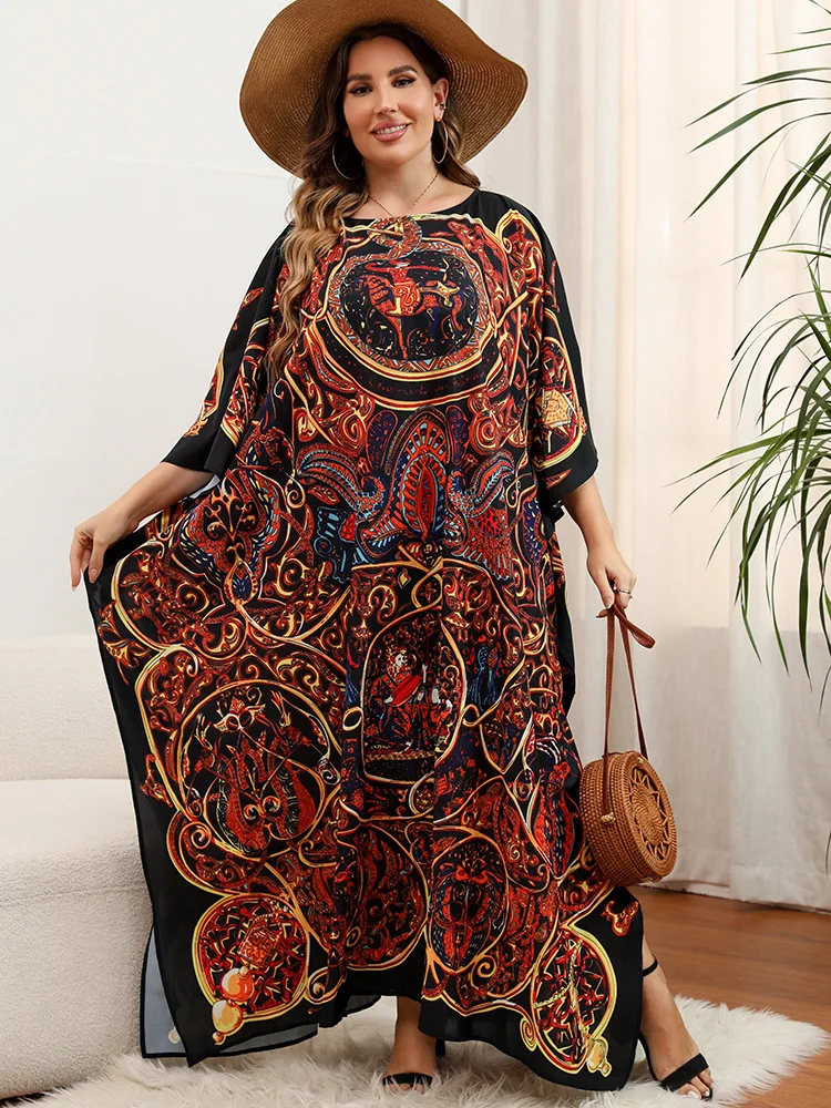 

Vintage Beach Cover Ups Printed Maxi Dresses India Folk Short Sleeve Plus Size Kaftans for Women Seaside Holiday Beachwear
