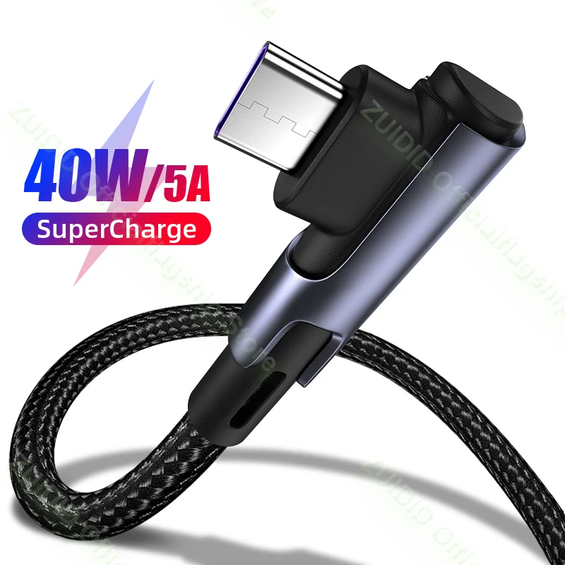 

90 Degree USB Type C Cable For Samsung Xiaomi 5A 40W Fast Charging Charger For Huawei QC3.0 USB-C Data Cable Type-C Wire 1/2m