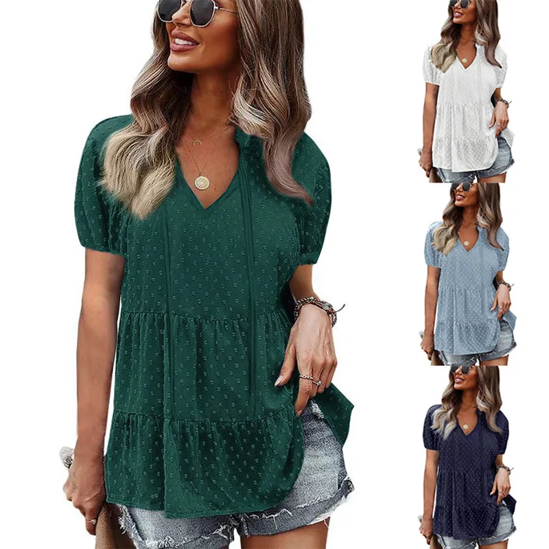 

Футболка женская с V-образным вырезом, милая рубашка на завязках, с коротким рукавом с буфами на рукавах, многослойный Свободный Топ