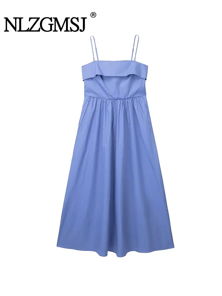 

Nlzgmsj TRAF Women 2023 Summer Fashion Spaghetti Straps Midi Dress Vintage Side Pockets Back Zipper Female Dresses Vestidos