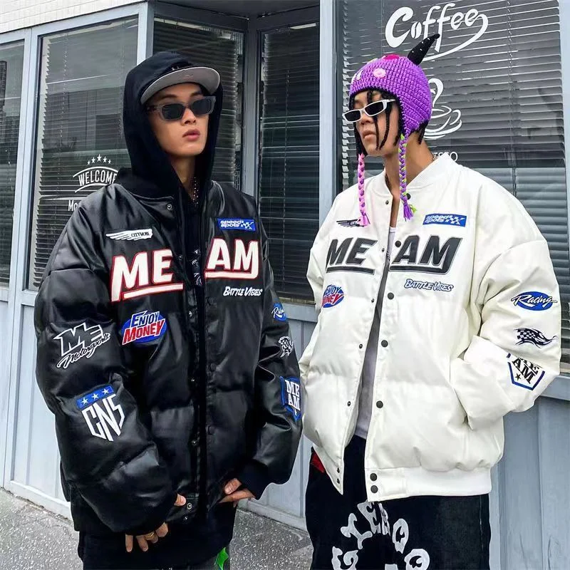 American Retro Embroidered PU Leather Thickened Baseball Jacket High Street Vibe Hip-hop Loose Clothes Winter Coat Men Streetwea