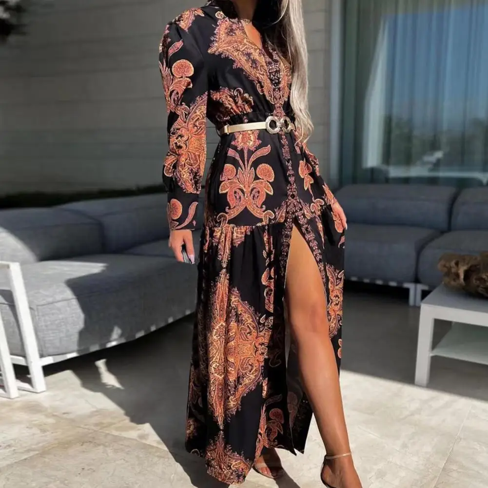 

Fashion Long Dress V Neck Dress Elastic Waist Ladies Dress