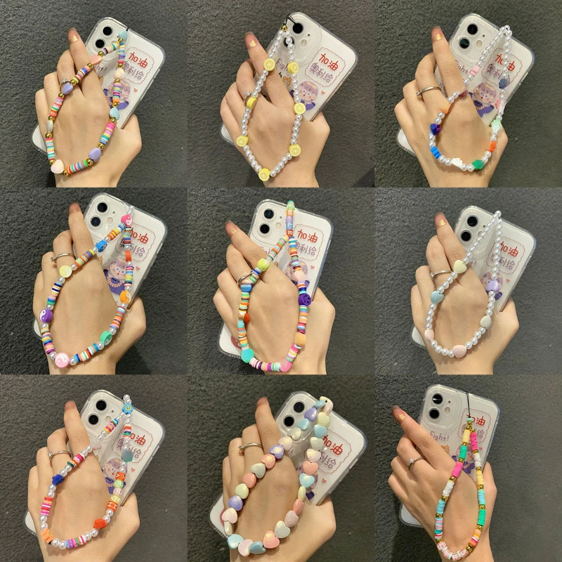 

DIY Beaded Phone Chain Bohemian Rainbow Color Heart Shape Polymerclay Imitation Pearl Phone Pendant Rope Accessories