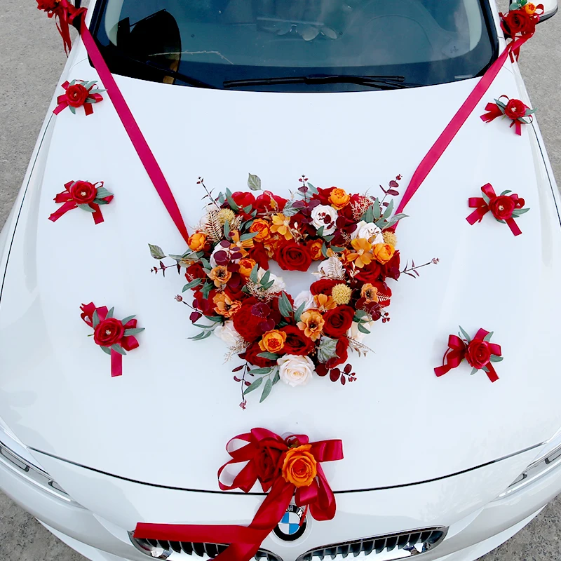 

Wedding & Engagement Red Color Heart Simulation Wedding Car Decoration Knot Mirror Door Artificial Flowers Supplies Z-4093