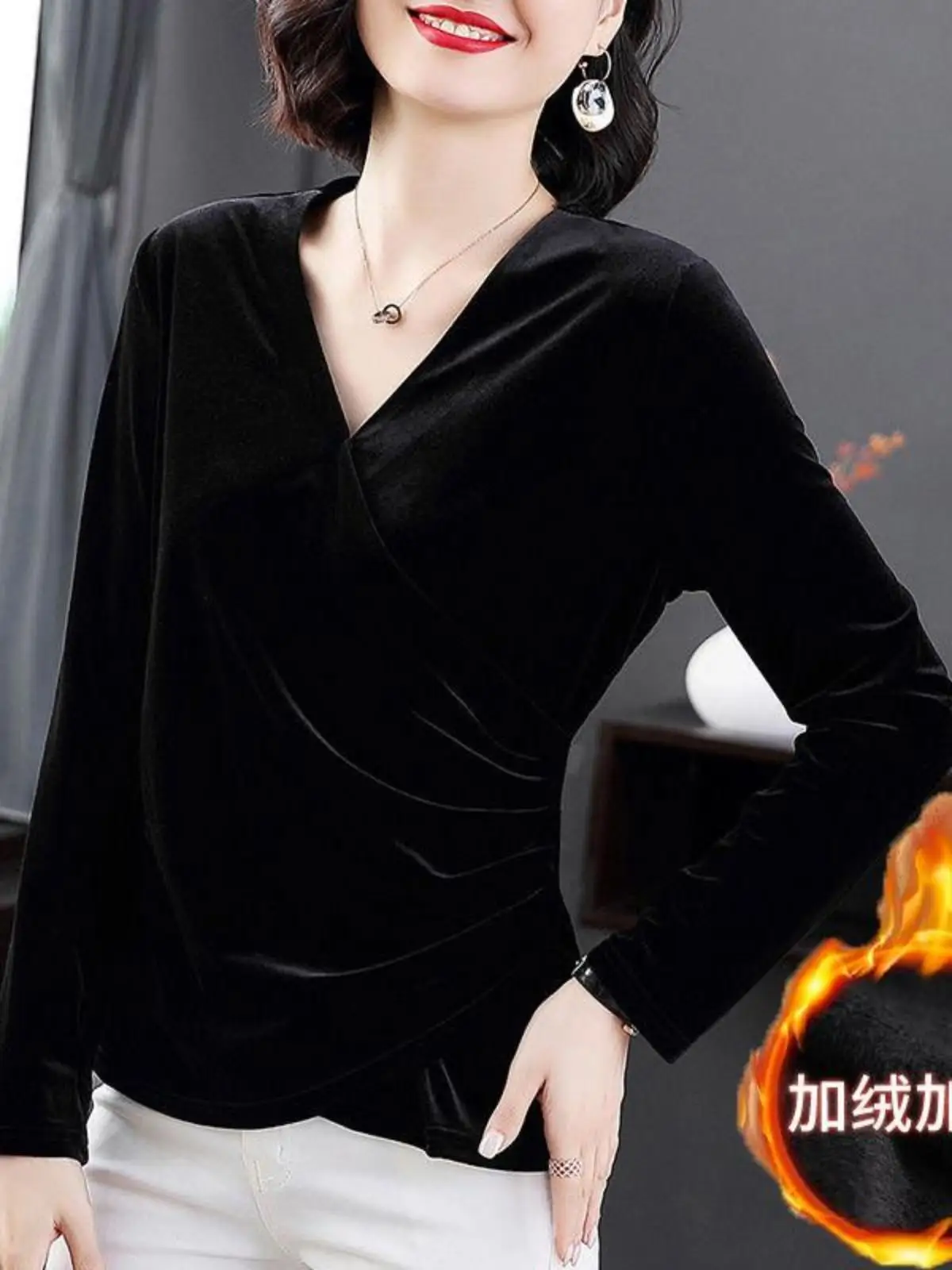 Gold Velvet Bottoming Shirt Women Autumn and Winter Fleece-lined Thickened Long sleeve Warm Top Inner wear V-neck Mother ...