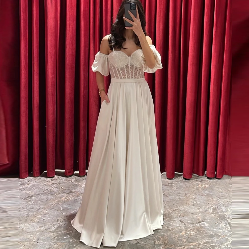 

Qcenkern, вечернее официальное атласное ТРАПЕЦИЕВИДНОЕ ПЛАТЬЕ с открытыми плечами и рукавами-фонариками из Саудовской Аравии, модель 2023 года