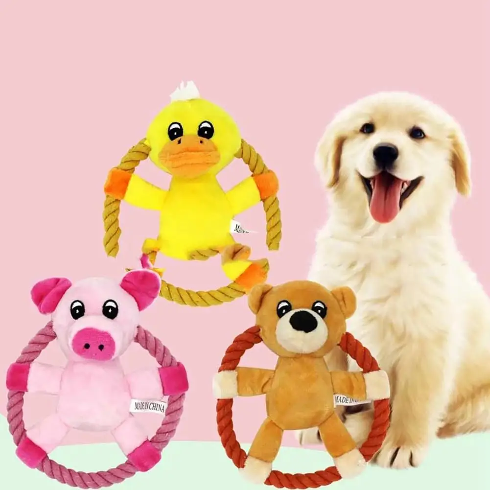 

Pet Plush Rope Toy Cotton Rope Flying Disc Pig Duck Bear Interactive Squeaker Chew Training Toy