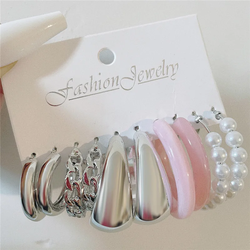 

KOTiK New Vintage Silver Color Geometry Acrylic Earrings Set for Women Simple Pearl Metal Round Fashion Party Jewelry Gifts