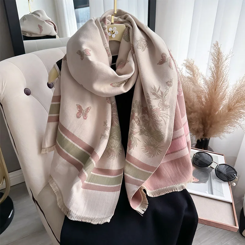 Элегантный Шарф Из Пашмины 2024 Модная Утолщенная Двусторонняя Жаккардовая