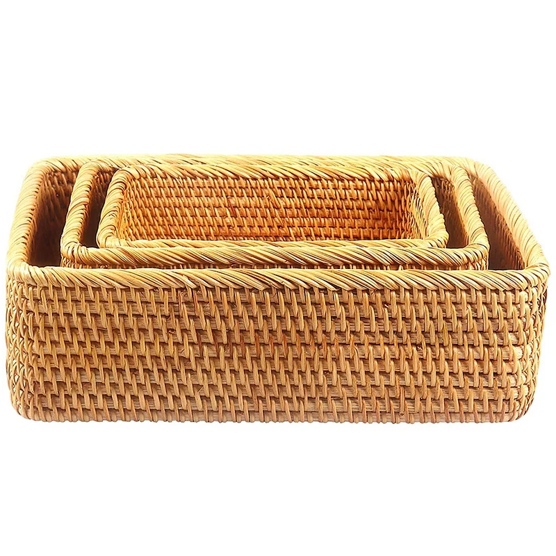 

Handmade Rattan Storage Baskets, Hand Woven Baskets Organizing For Cracker Dinner Parties Coffee Breakfast, 3-Pack