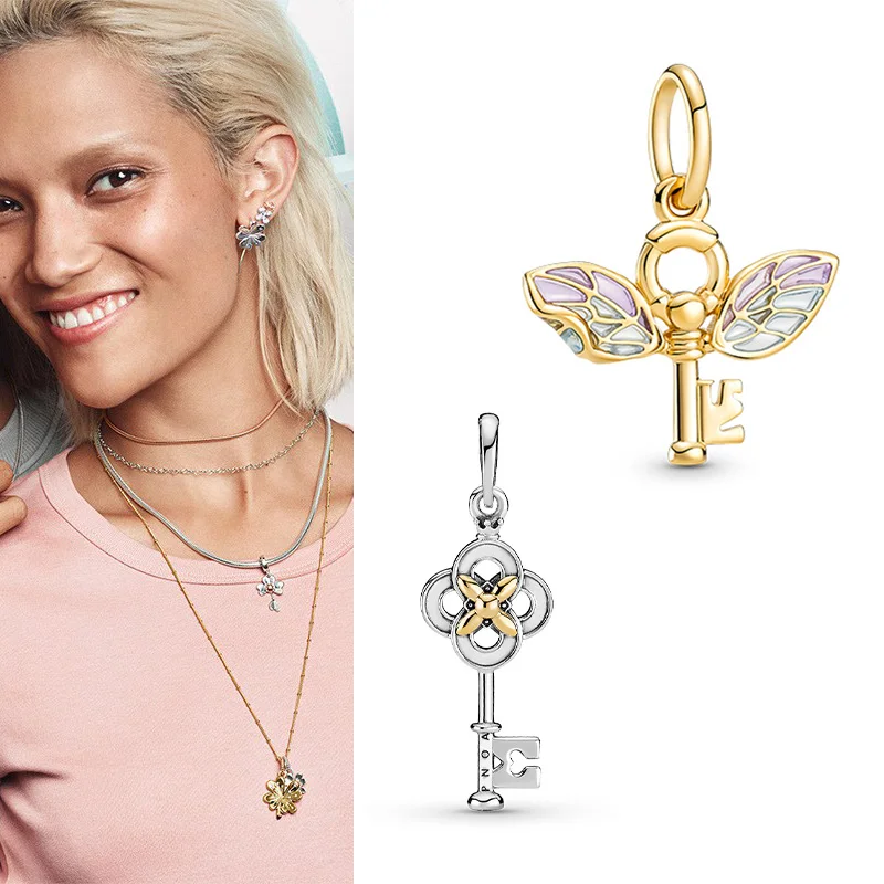 

100% S925 Silver New Two Color Key & Flower Fashion PAN Pendant Suitable For Original Pandora Necklace Women Diy Charm Jewelry