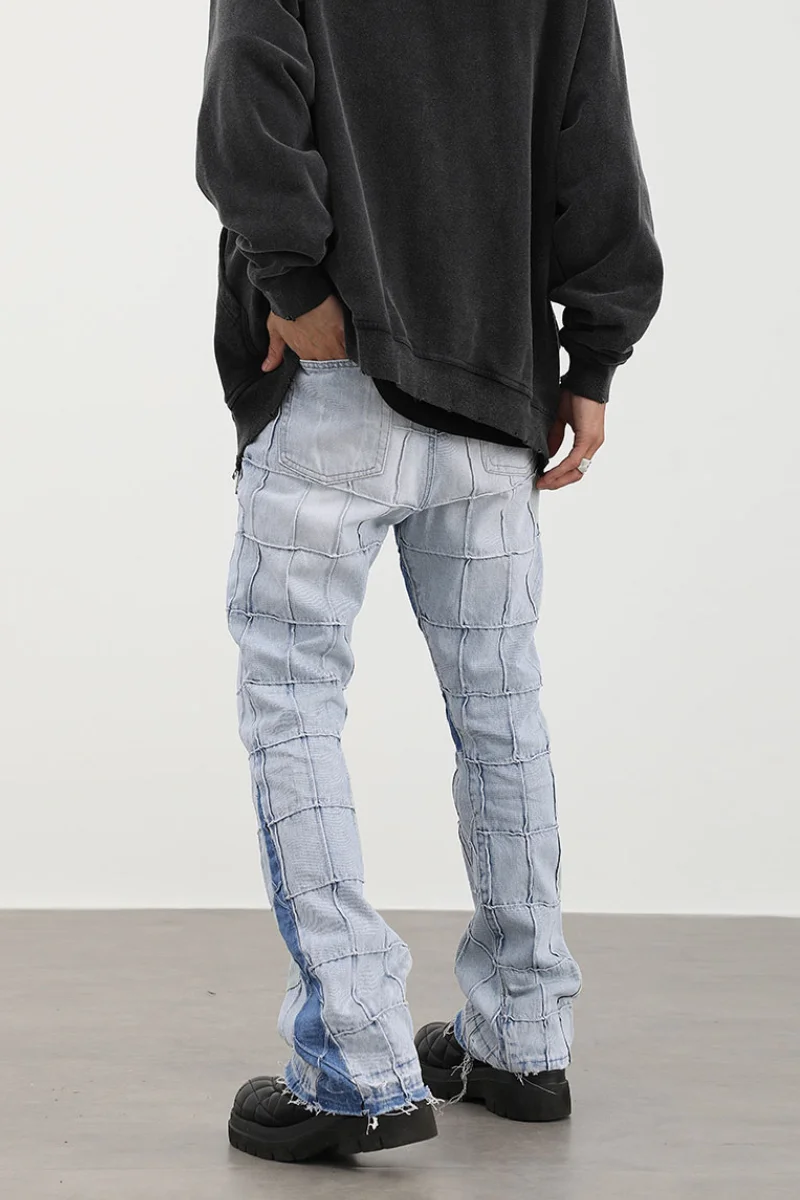 Hip Hip Denim Pants 2023 Mens Streetwear Plaid Ripped Denim Pants Harajuku Cotton Joggers Jeans Trousers Boot Cut Flare Pants