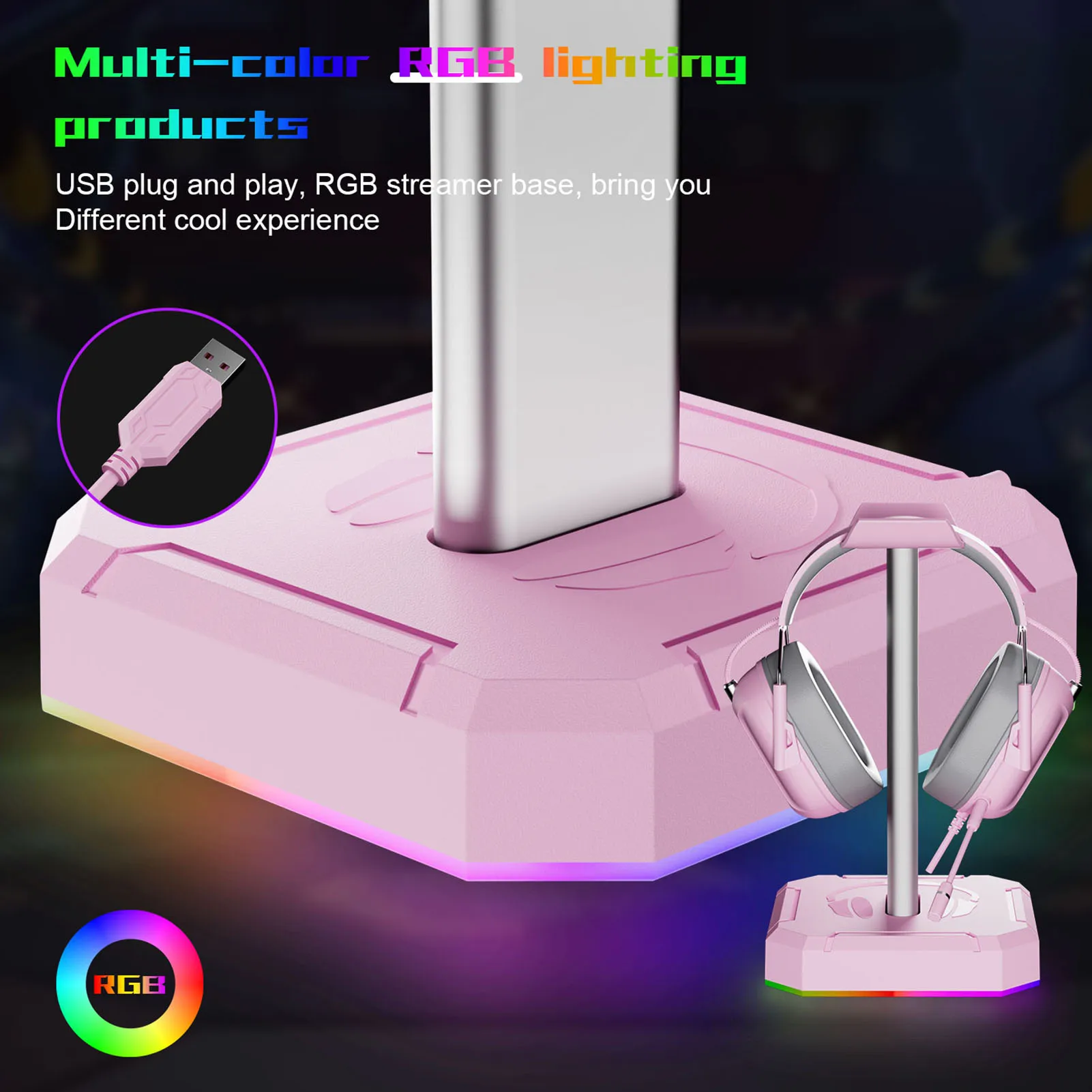 

RGB Gaming Headphone Stand Translucent LED Light Computer Desktop Display Holder USB2.0 Port 3.5mm Audio Touch Control for PC