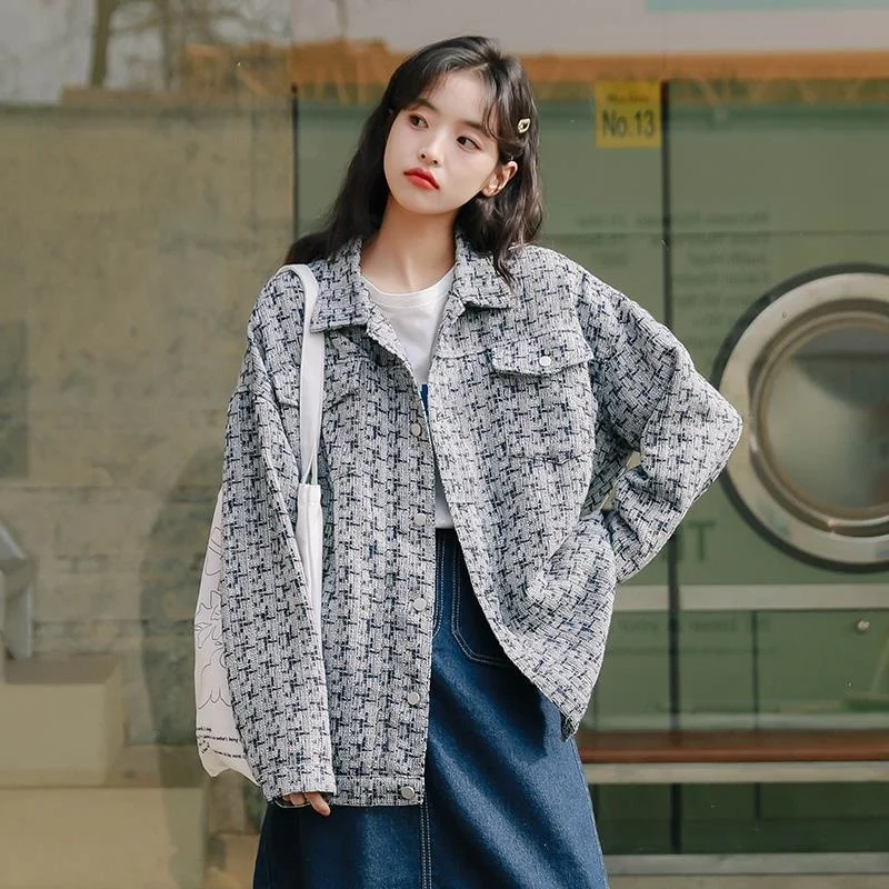 

Women's Denim Jacket 2022 Autumn Korean Chic Houndstooth Woven Jacket Coat Trendy Fashion Casual Loose Jacket Tops Outerwear