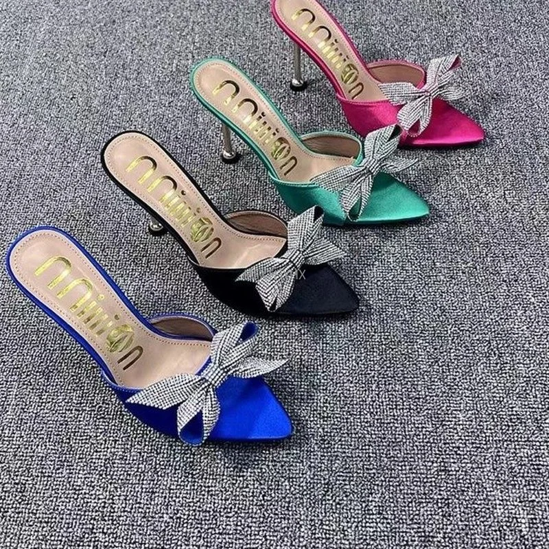 

High Heels Slippers Big Size Ladies Pumps Pointed Toe Sandals 2022 Heels Sexy Butterfly-knot Summer Shoes for Women Slides