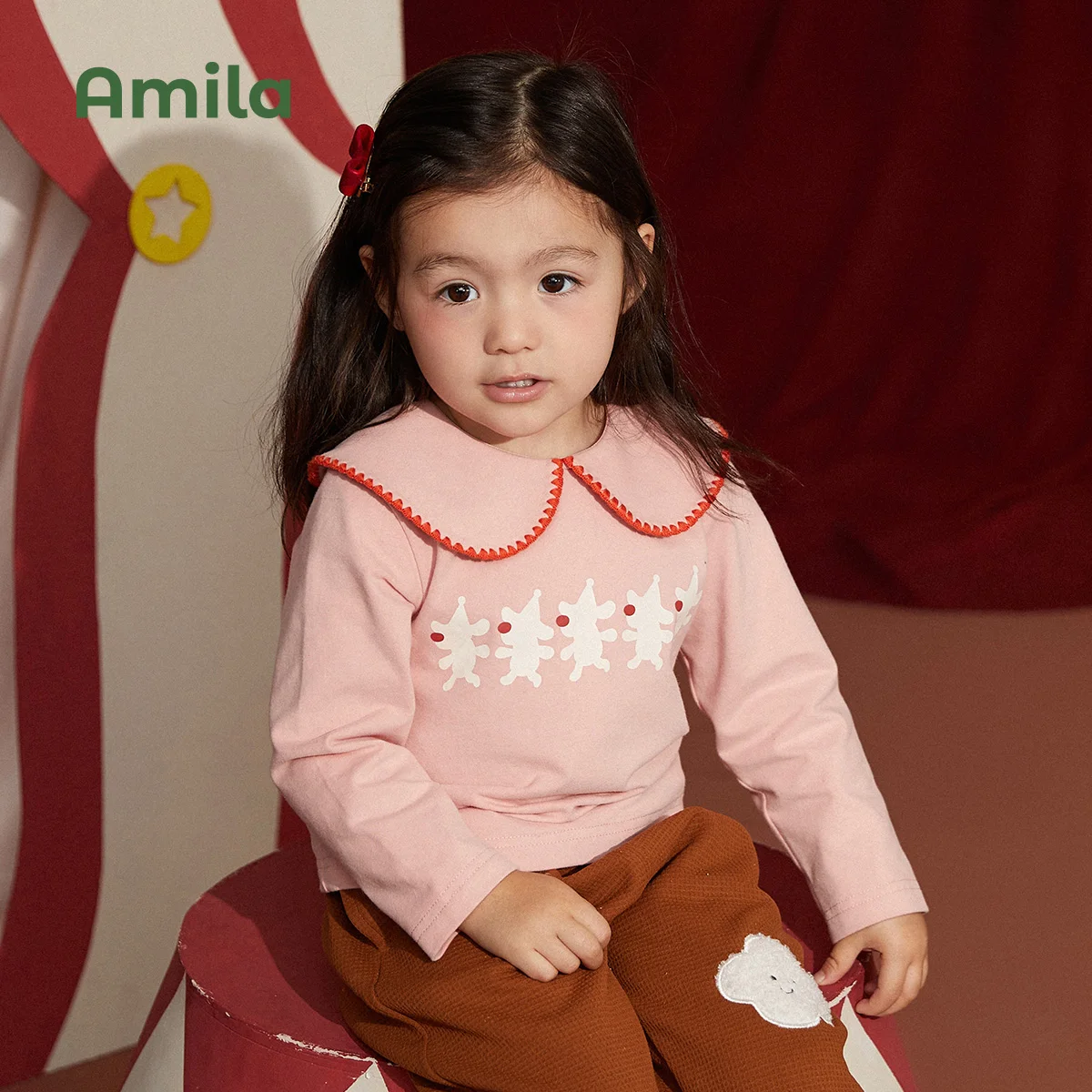 Amila Baby T-Shirt 2022 Autumn New Lotus Leaf Collar Boys and Girls Long Sleeves  Children Clothes Casual