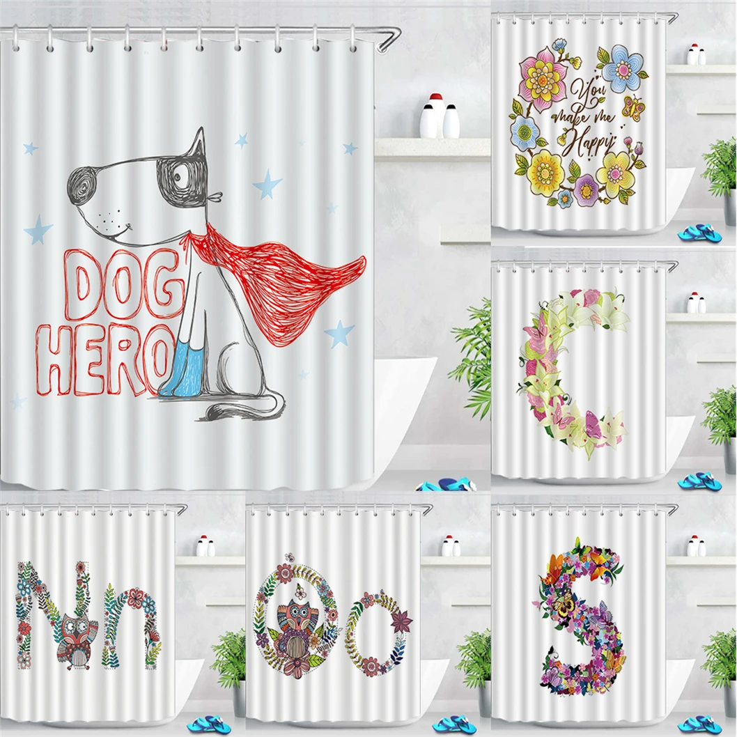 

Cartoon Animal Style For Bathroom Opaque Curtain English Letters Pattern Bathroom Decor Mat Waterproof Fabric Shower Curtains