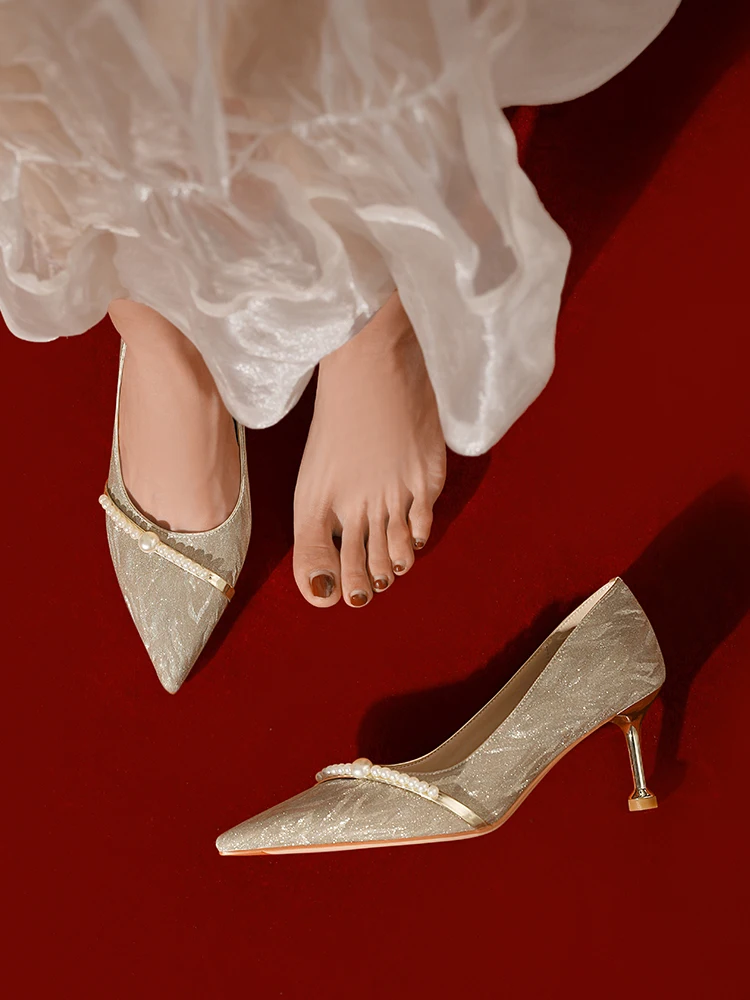 Crystal Shoes Wedding Shoes Main Wedding Shoes 2021 New Bride Shoes Golden Dress Shoes French Pearl High Heels Women's Shoes