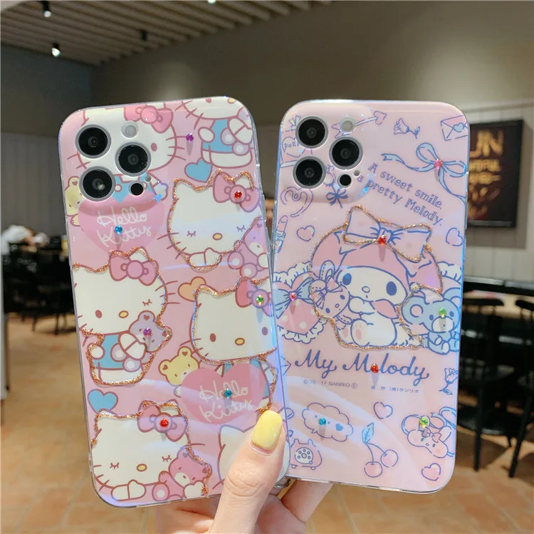 

Sanrio Apple 13 Mobile Phone Shell Hello Kitty Mymelody Kawaii Cartoon Flash Drill for 12Promax Anti-Fall 11Pro Protective Cover