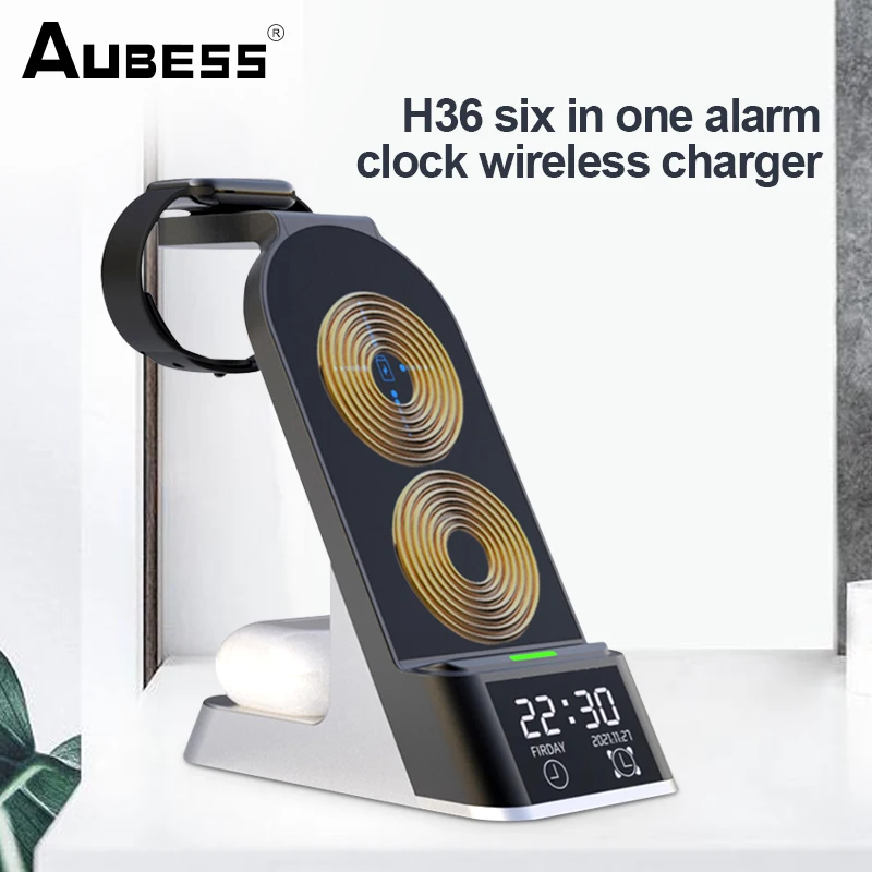 

Multi-function Alarm Clock Wireless Charger Fast Charging For Apple Watch AirPods 3 IPhone13 Fast Charging Dock Station Charger
