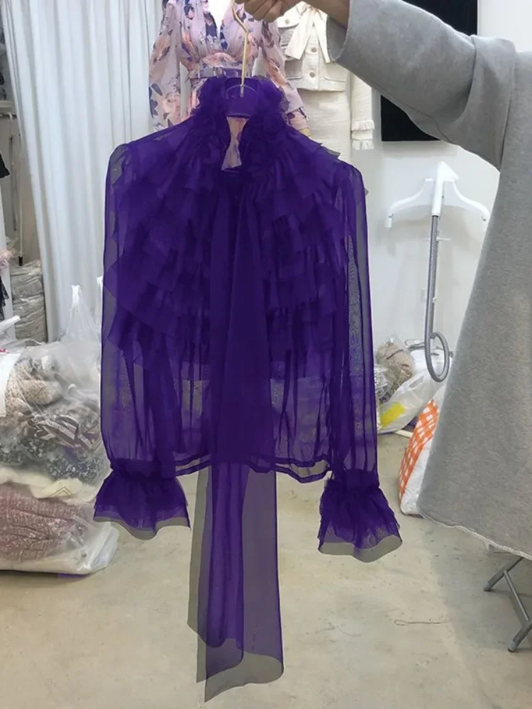 Женская винтажная шифоновая блузка с расклешенными рукавами свободная