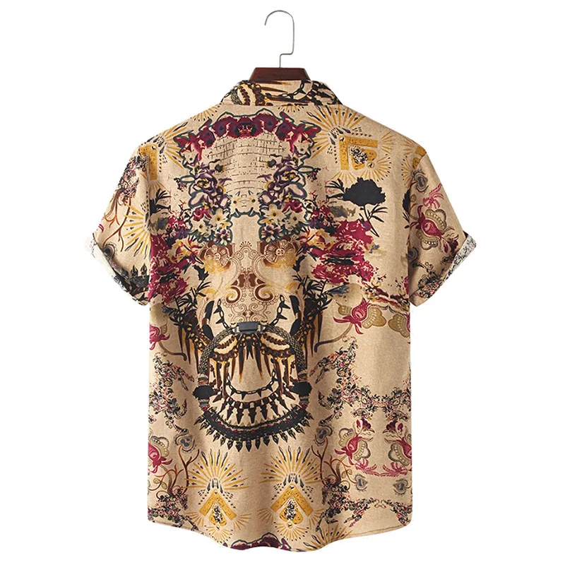New Men's Vintage T-Shirts Print Ethnic Short Sleeve Button Up Lapel Casual Shirts Summer Mens Tee