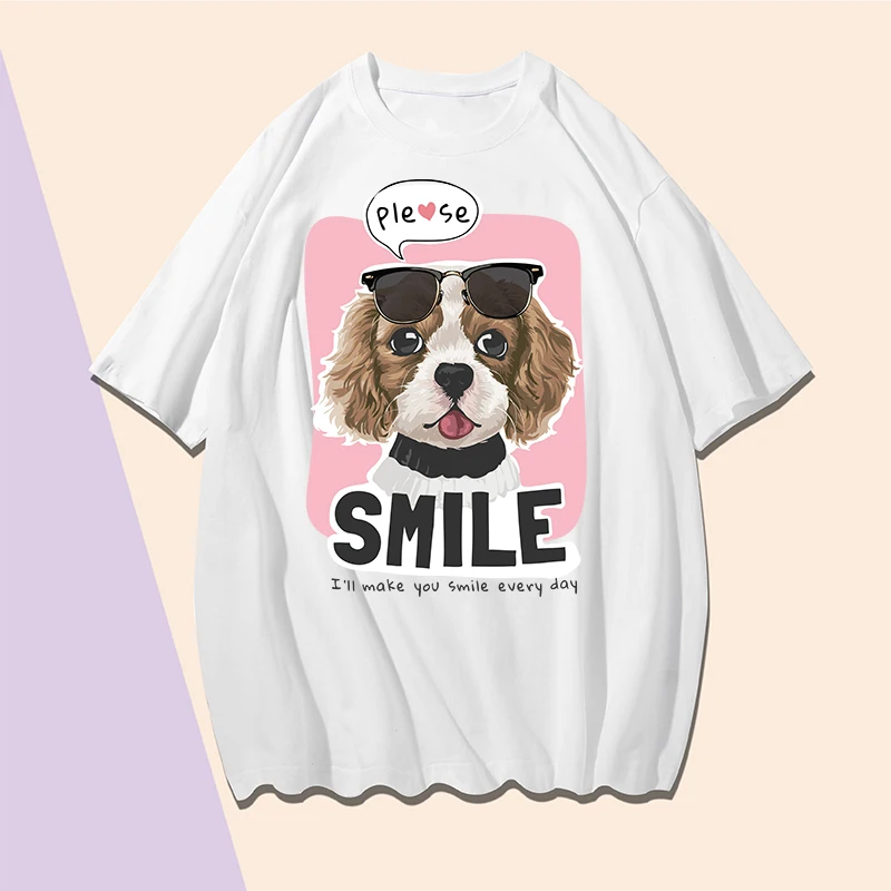 

Plus Size Loose Print T Shirt Cotton Sunglasses Dog Pattern Short Sleeve Round Neck T Shirts XXL Pullover Summer Sportswear