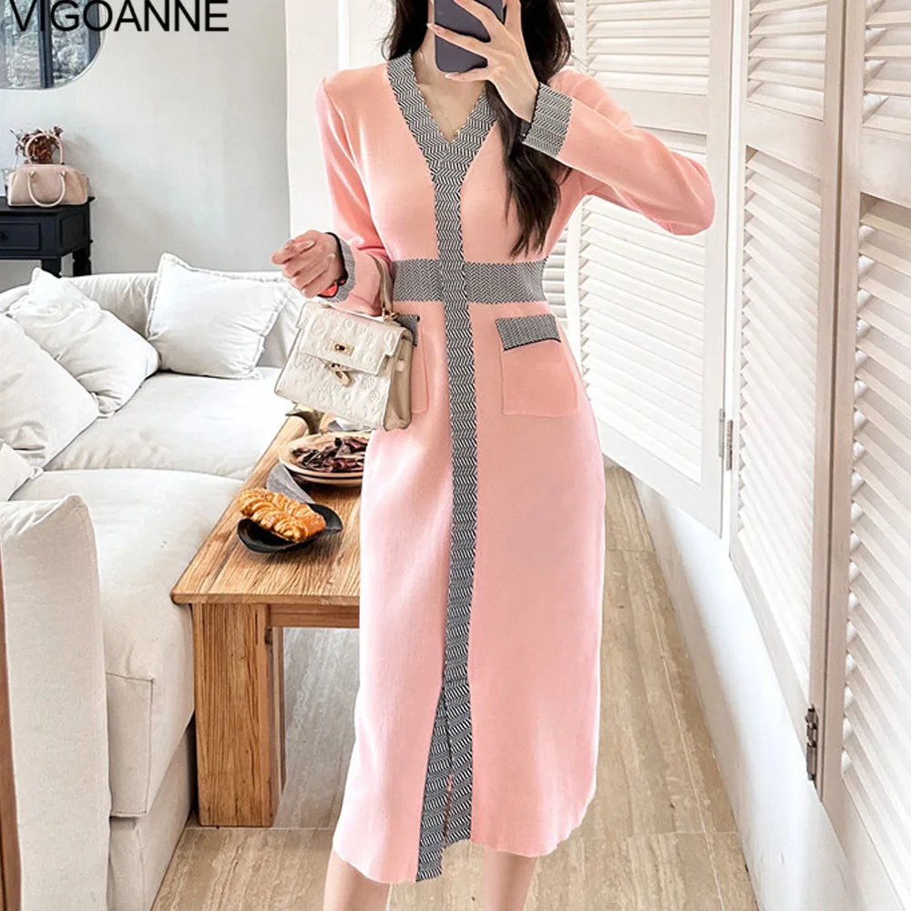 VigoAnne 2025 женское весеннее вязаное длинное платье с длинными рукавами женские
