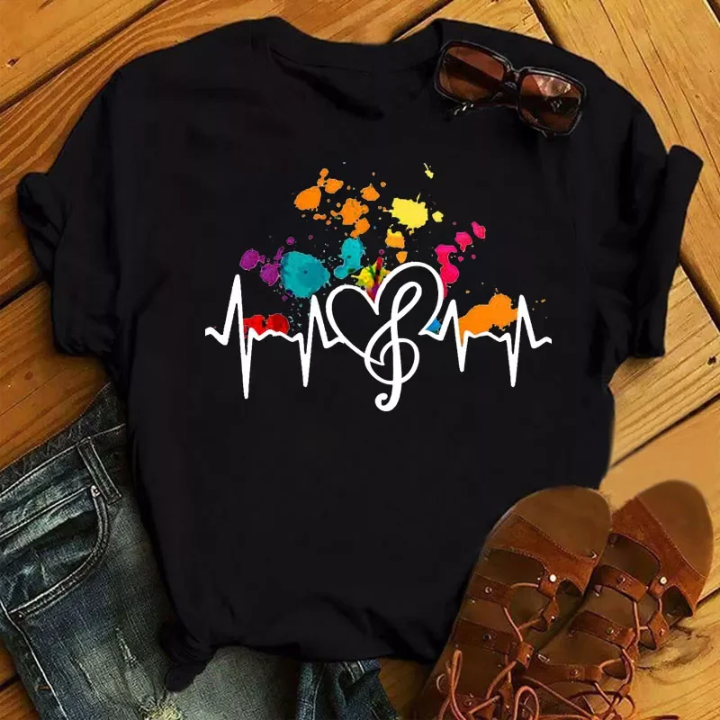 

2023New oil paint love notes women's tops women's casual fashion T-shirts girls round neck T-shirts