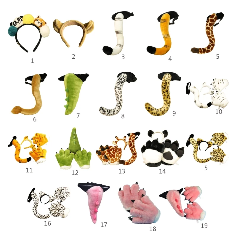 

Adult Kids Plush Dinosaur/Tiger/Leopard/Lion/Giraffe/Panda Cosplay Costume Cute Ear Headband 3D Animal Paw Fluffy Gloves